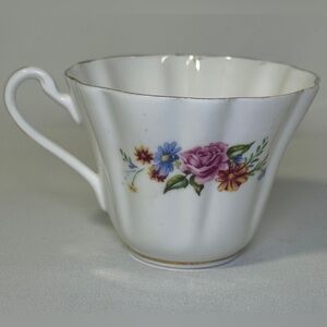 Vintage Heritage England Bone China Floral Tea Cup Gold Trim White Pink 2.75” H